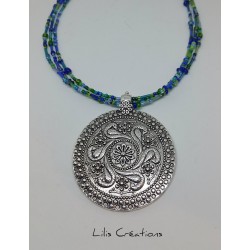 Collier "Paon" bleu et vert